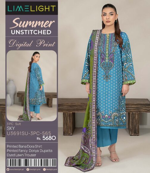 (LIMELIGHT) DIGITAL BANA DORA LAWN SHIRT DIGITAL PRINTED FANCY DORIYA DUPATTA DYED TROUSER