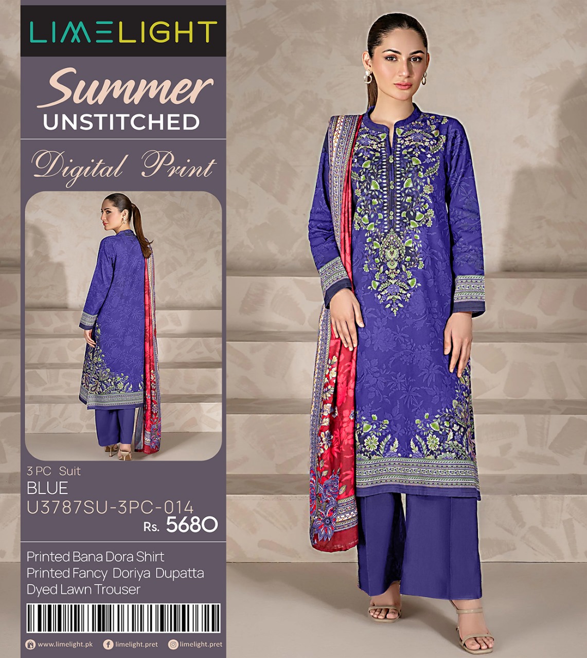 (LIMELIGHT) Digital BANA DORA LAWN SHIRT DIGITEL PRINTED FANCY DORIYA DUPATTA DYED TROUSER