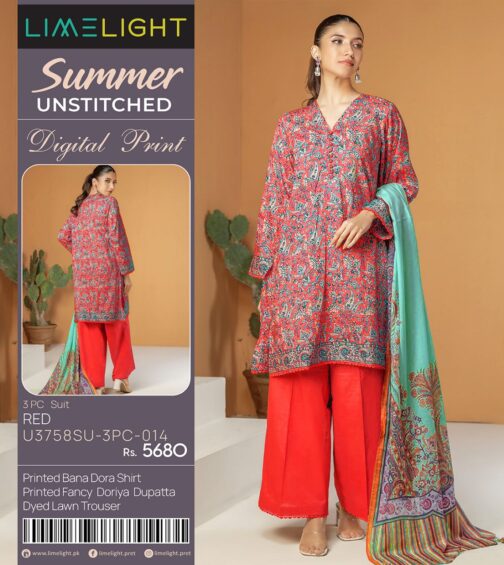 (LIMELIGHT) Digital BANA DORA LAWN SHIRT DIGITEL PRINTED FANCY DORIYA DUPATTA DYED TROUSER